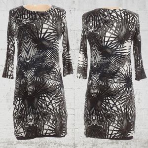 Bailey 44 Tropical Palm Black White 3/4 Sleeve Stretch Bodycon Mini Dress XS